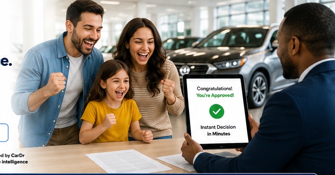 Happy family receiving instant approval for a used car loan at a dealership